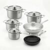 Create a high-quality studio product image of a COMPLETE cookware set, presented as ONE cohesive pannenset. Use ALL uploaded reference images. Every pan, lid, and item shown in the uploaded images MUST appear in the final image. Items may be separated, rotated, resized, or repositioned if needed, but nothing may be removed or replaced. Arrange the pans as a balanced, premium bundle: - Larger pans positioned slightly behind - Smaller pans and lids in front - Handles aligned neatly and naturally - Clear visual overview of the full set in one glance Style: - Clean, modern, premium cookware presentation - Subtle depth and soft studio shadows - No clutter, no props, no kitchen setting Background: - Pure white background (#FFFFFF) - No texture, no gradient, no horizon line Lighting: - Soft professional studio lighting - Even exposure, no harsh reflections - Materials (steel, aluminum, coating) clearly visible and realistic Composition: - Square format (1:1) - Centered composition - Product fills the frame nicely without cropping - No overlapping that hides important parts Important rules: - Do NOT add extra items - Do NOT remove any uploaded items - Do NOT merge pans into unrealistic shapes - Do NOT add text, labels, logos, badges or watermarks - Do NOT change the design or proportions of the pans The final result must look like a high-end webshop hero image for a bundled pannenset.
